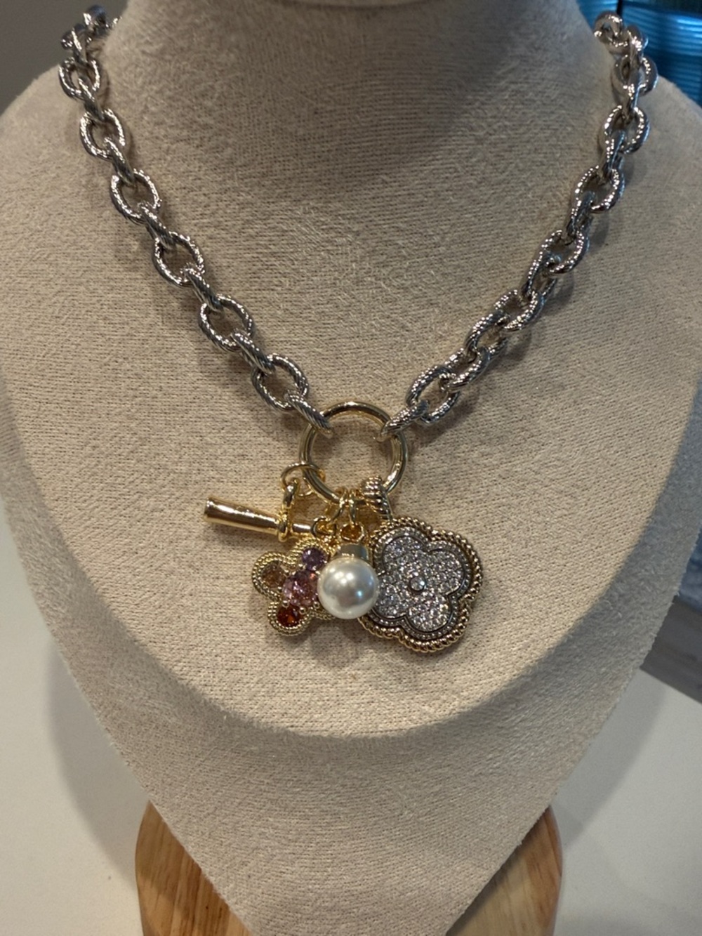 Gold & Silver Mixed-Metal Charm Necklace with Pearl Accent for monica